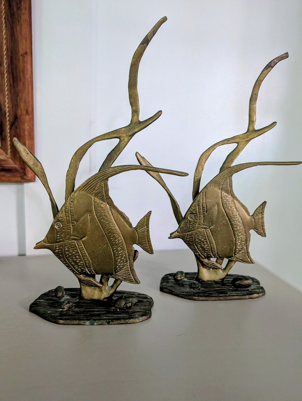 Pair Mid Late 20th Century Tall Brass Fish Nautical Ocean Bookends Figurines